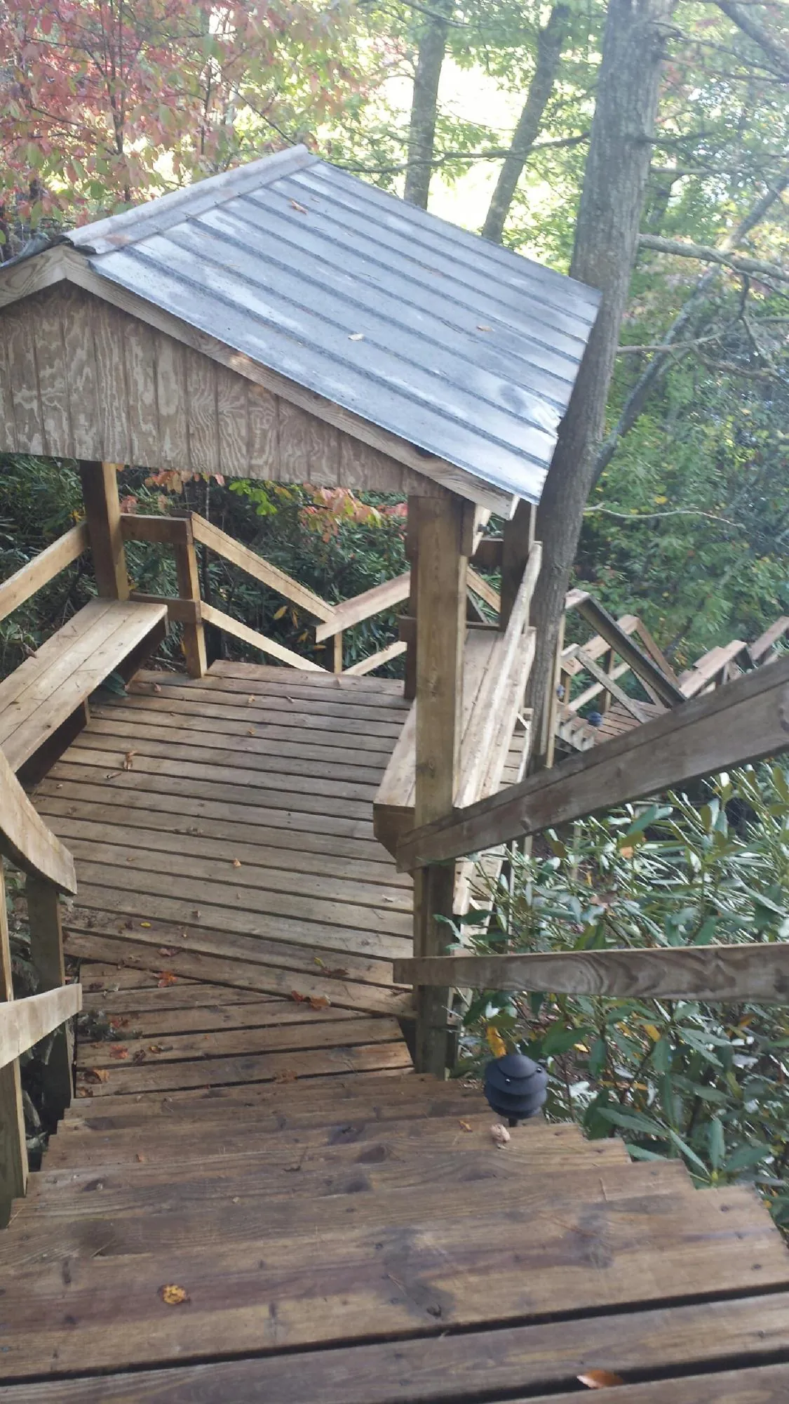 Metal roofed shelter over wooden steps on a wooded walkway — Skylight Repair & Installation work by our crew in Ronco